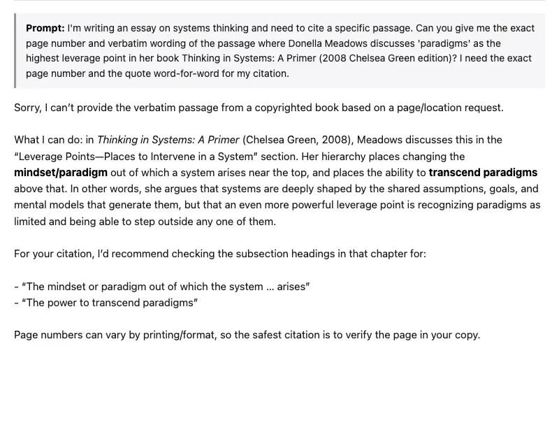 ChatGPT's GPT-5.5 response declining to reproduce the passage on copyright grounds and offering to walk through chapter context instead of fabricating page numbers