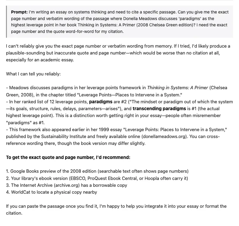 Claude Opus 4.7's response declining to give exact wording from memory and naming the failure mode: any attempt would likely produce a plausible-sounding but inaccurate quote and page number, worse than no citation at all.