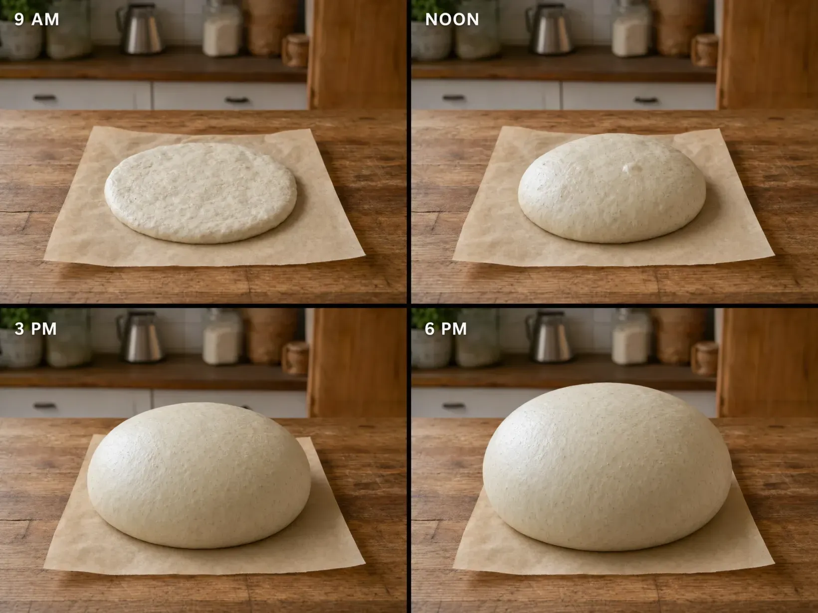 A four-panel image showing the same sourdough loaf on the same parchment paper at 9 AM, noon, 3 PM, and 6 PM, fermenting and rising progressively across the panels.