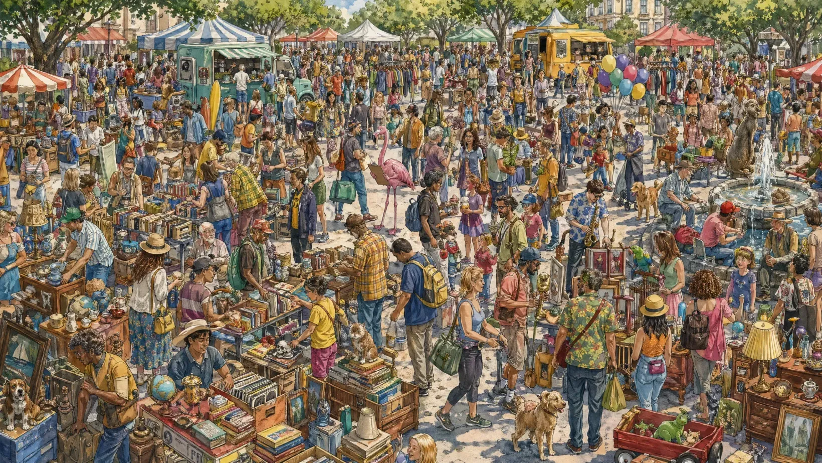 A dense Where's-Waldo-style flea-market crowd scene with hundreds of small characters; somewhere in the middle distance, a tall pink flamingo holds a clipboard.