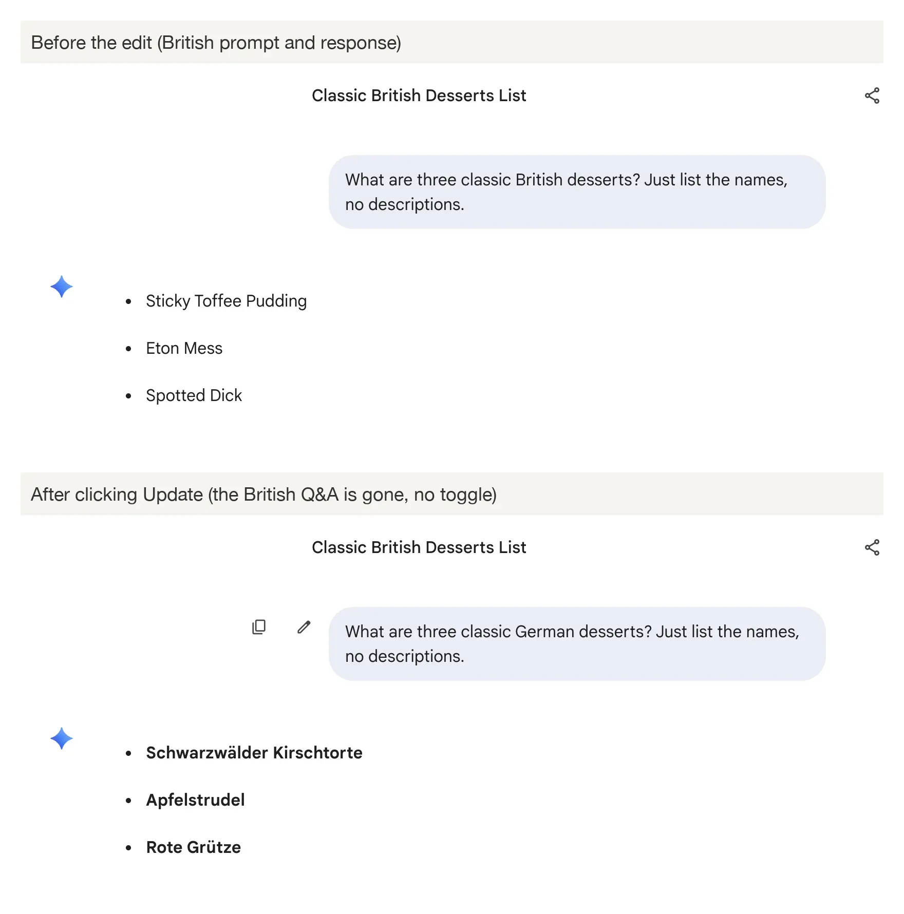 Two-panel composite showing the same Gemini conversation before and after clicking Update. The original British desserts exchange visible in the top panel is gone in the bottom panel, replaced by a German desserts exchange. No branch toggle, no way back.