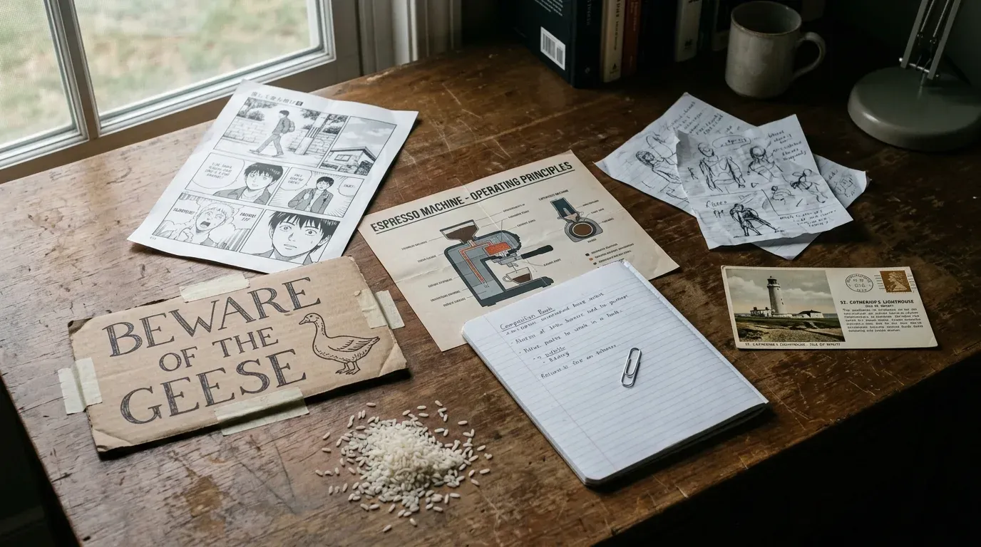 A still life on a wooden desk: a printed manga page, a hand-lettered BEWARE OF THE GEESE cardboard sign, a creased espresso machine infographic, sketch pages, a paperclip on a notebook, a lighthouse postcard, and a small pile of rice.