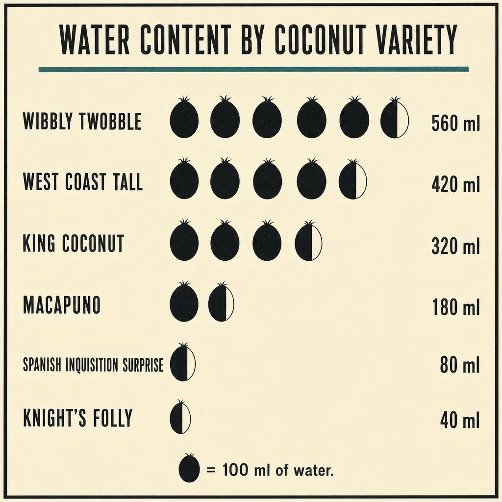 An isotype-style pictograph chart in the visual tradition of Otto Neurath. Six coconut varieties listed as rows; each row has a horizontal line of small coconut icons proportional to that variety's water content in 100ml units, with the exact ml value labeled at the right of each row. A key at the bottom reads "● = 100 ml of water."