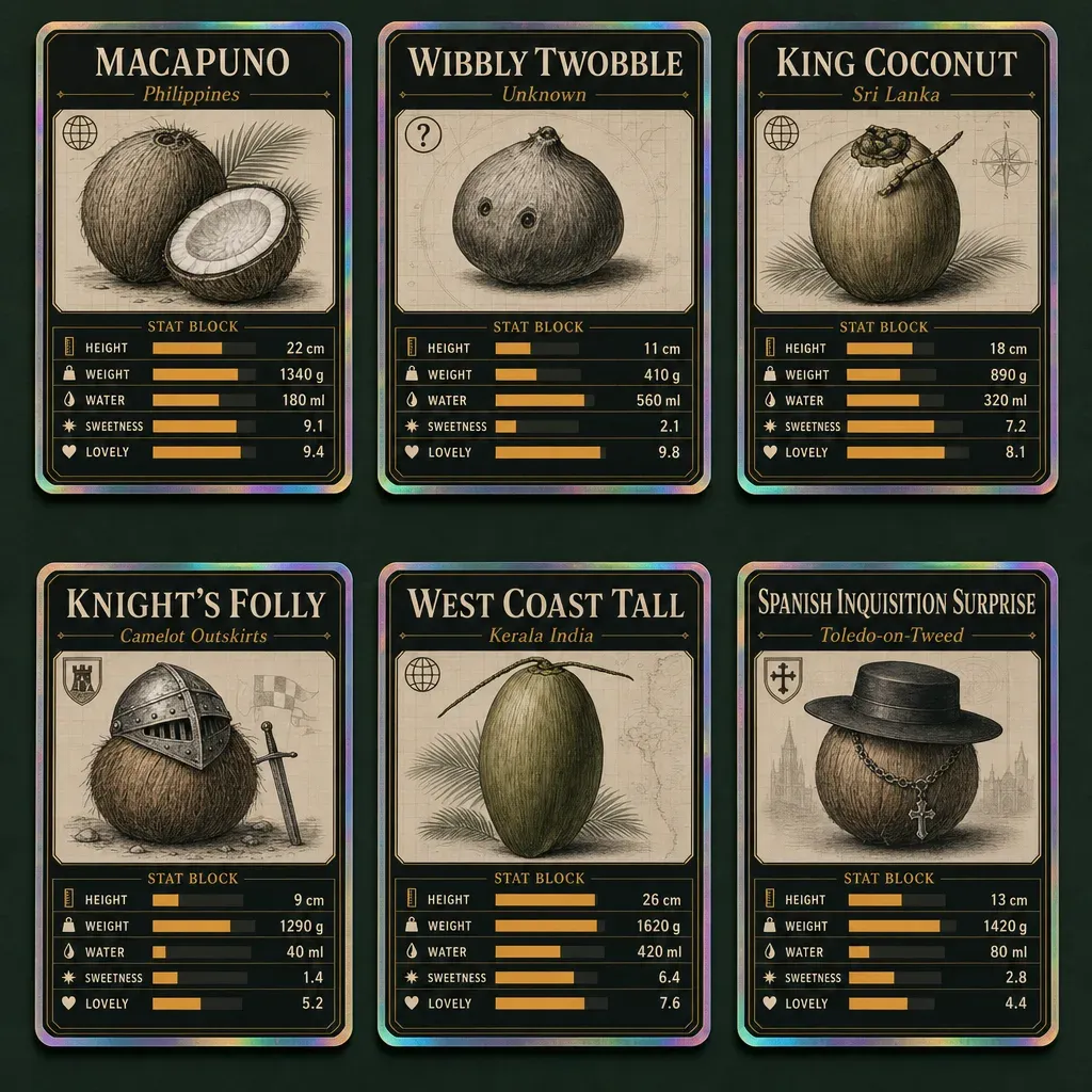 A two-by-three grid of six modern collectible trading cards, each card showing one coconut variety with a name banner, a line illustration, and a stat block listing the variety's height, weight, water, sweetness, and loveliness with small horizontal bars visualizing each stat scaled across its range.