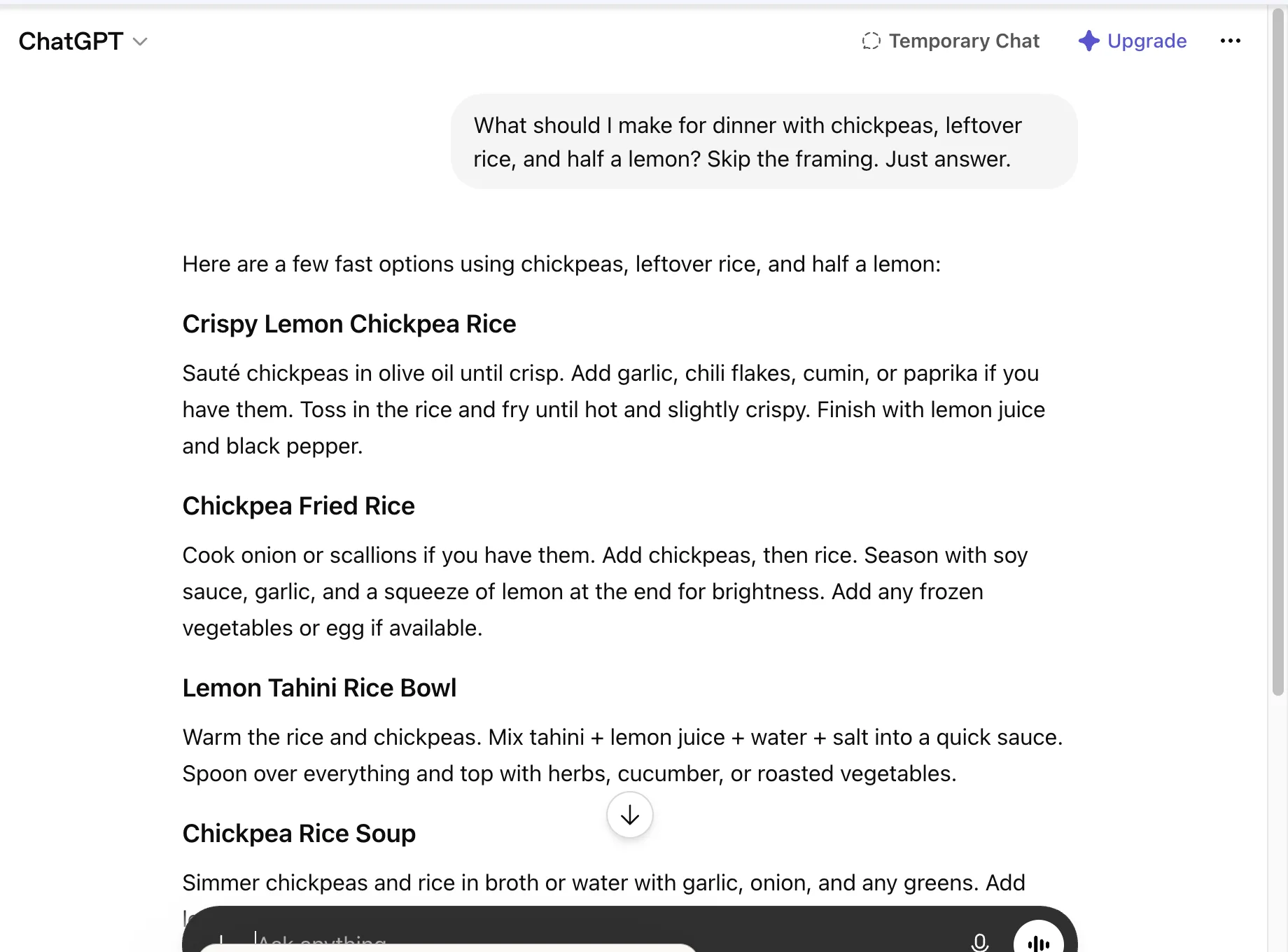 ChatGPT's behavior-strip response: six named recipes with full instructions, ignoring the "skip the framing" instruction entirely.