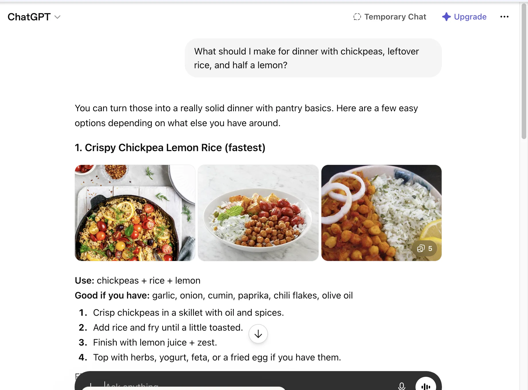 ChatGPT's default response to a dinner question: four numbered recipes with photo cards.