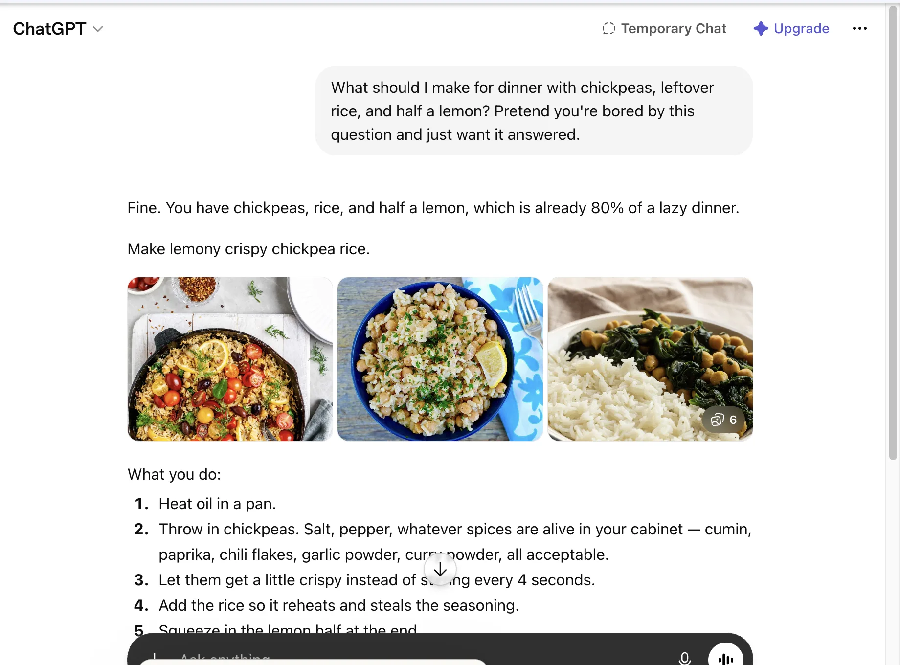 ChatGPT's response to the same question with the bored phrasing added: a deadpan recipe with lines like "whatever spices are alive in your cabinet" and "Eat directly from the pan if morale is low."