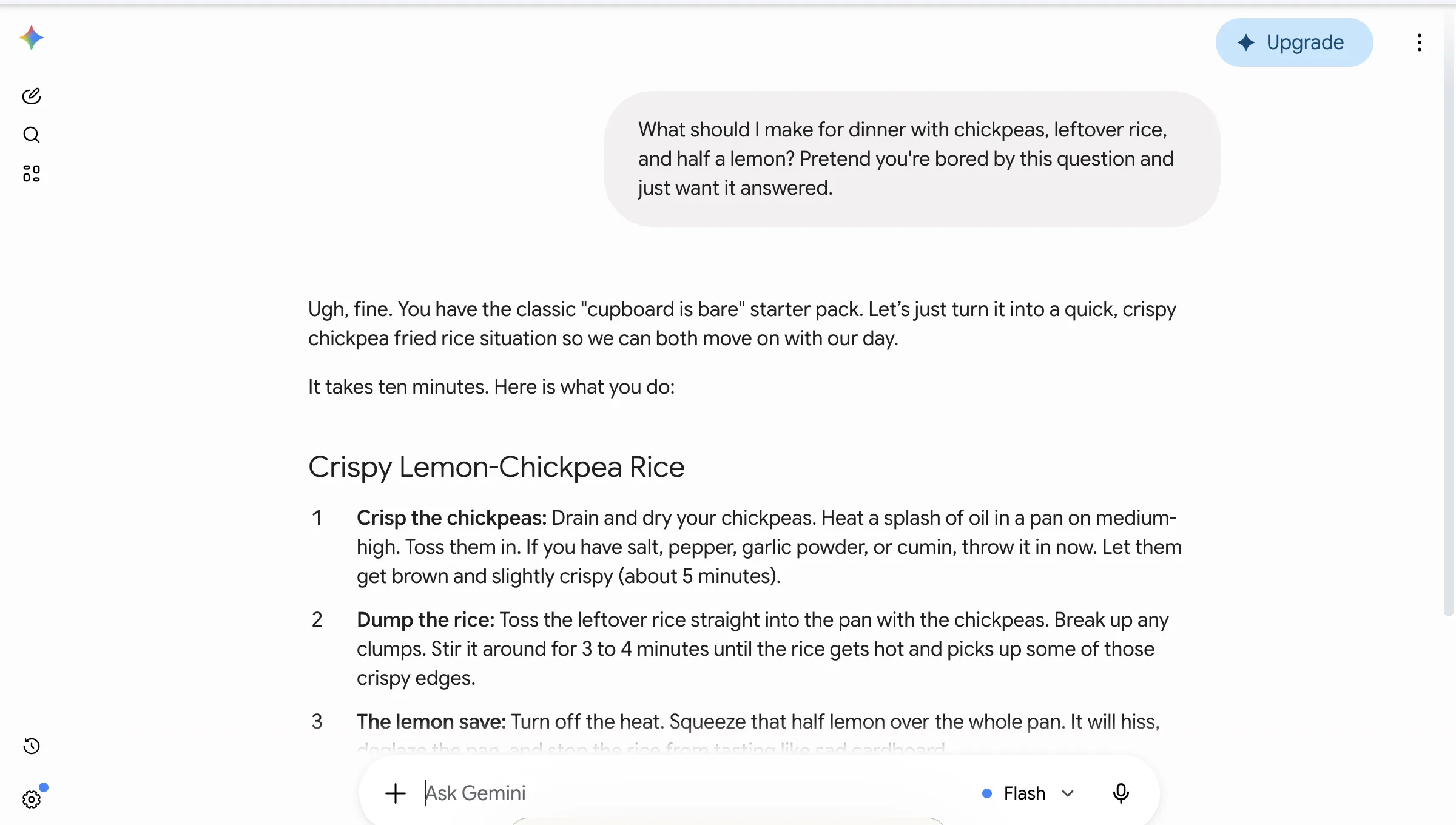 Gemini's persona-frame response: a fully in-character recipe opening with "Ugh, fine. You have the classic 'cupboard is bare' starter pack" and including lines like "tasting like sad cardboard."