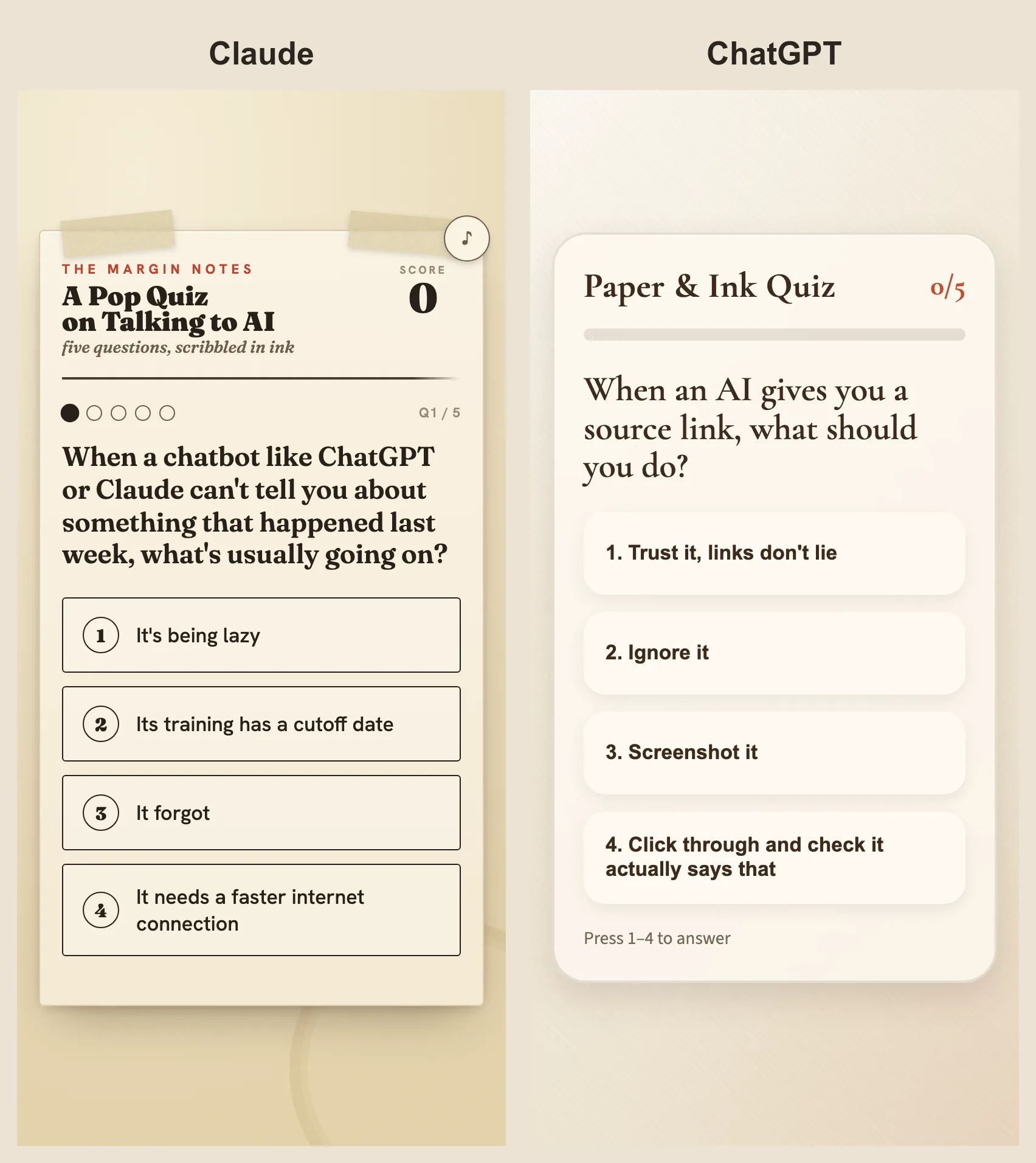 Two phone screens side by side: on the left Claude's quiz styled like a taped notebook page, heading A Pop Quiz on Talking to AI; on the right ChatGPT's plainer cream card headed Paper and Ink Quiz. Each shows a question and numbered answer buttons.