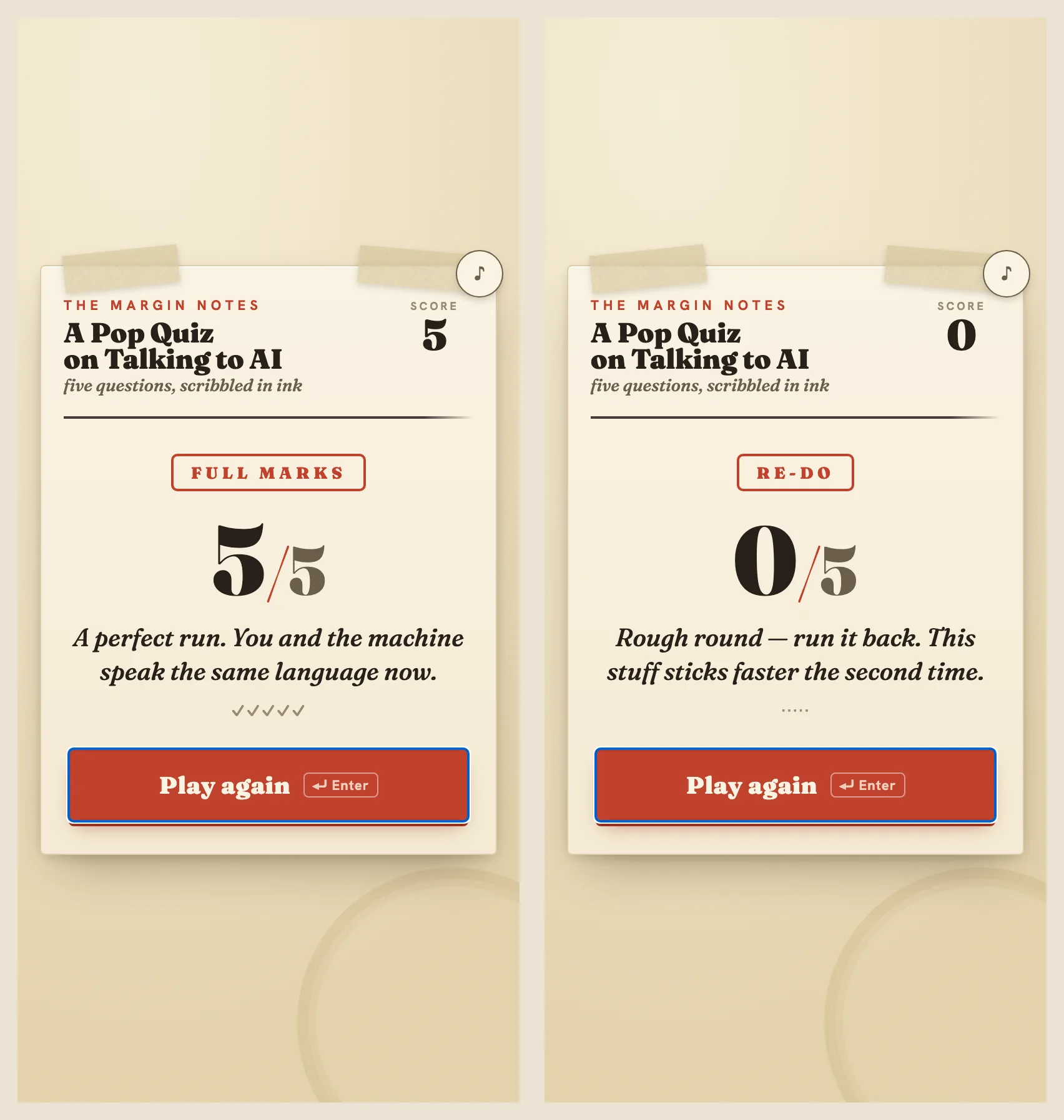 Two end screens of the paper quiz on phone screens: on the left a 5 out of 5 result with a FULL MARKS stamp reading A perfect run, and on the right a 0 out of 5 result with a RE-DO stamp reading Rough round, run it back.