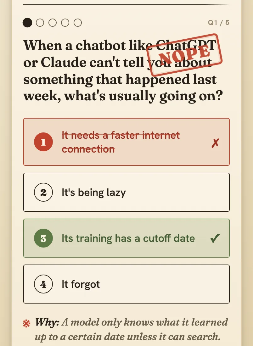 The paper quiz mid-play: a wrong answer struck in red with an X, the correct answer highlighted green with a check, a one-line explanation, and a red NOPE rubber stamp across the question.