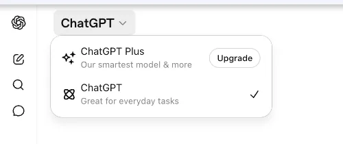 The ChatGPT model picker dropdown open on a Free account. Two items only: "ChatGPT Plus" with an Upgrade badge, and the everyday-tasks item currently selected. No model names visible anywhere in the menu.