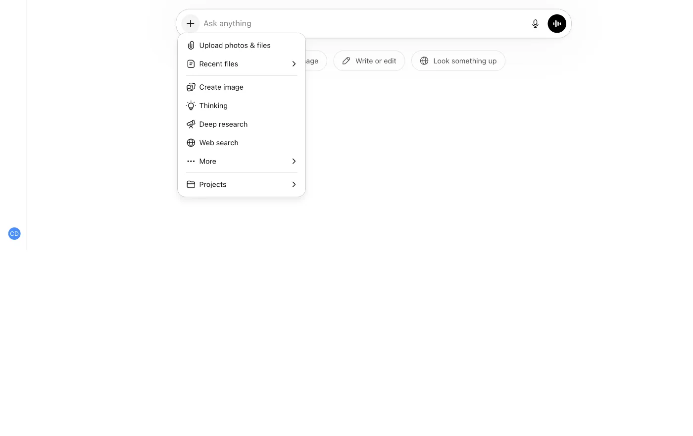 The plus-button menu fully expanded over the composer. Eight items in order: Upload photos & files, Recent files, Create image, Thinking, Deep research, Web search, More, and Projects.