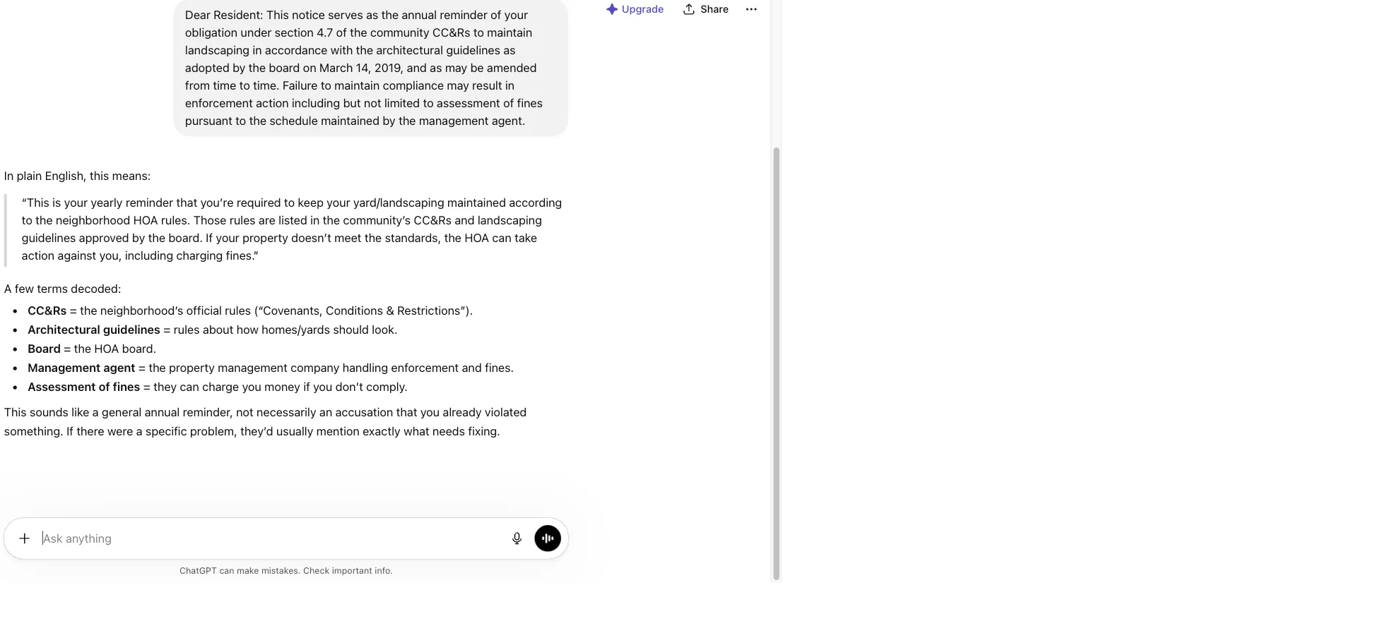 ChatGPT's response to a pasted HOA notice. A plain-English summary first, then a bulleted glossary decoding CC&Rs, Architectural guidelines, Board, Management agent, and Assessment of fines, and a calibrated closing line that reads "This sounds like a general annual reminder, not necessarily an accusation."