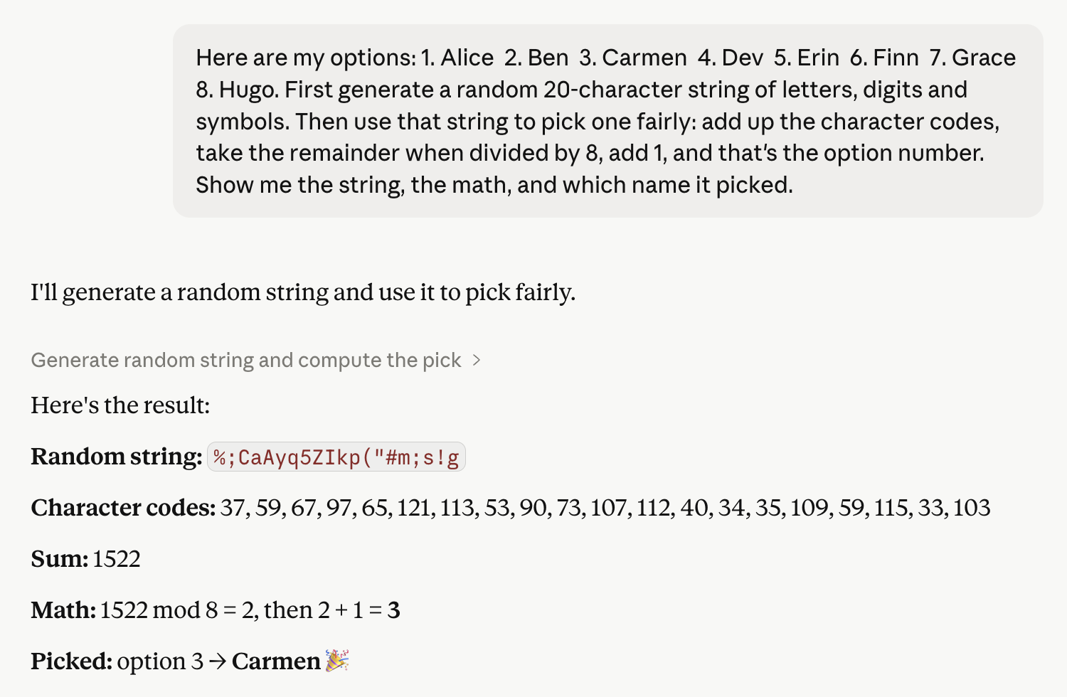 A Claude response working the String Seed of Thought prompt: it generates a random string, lists each character's numeric code, sums them to 1522, computes 1522 mod 8 as 2, adds 1 to get 3, and picks option 3, Carmen.