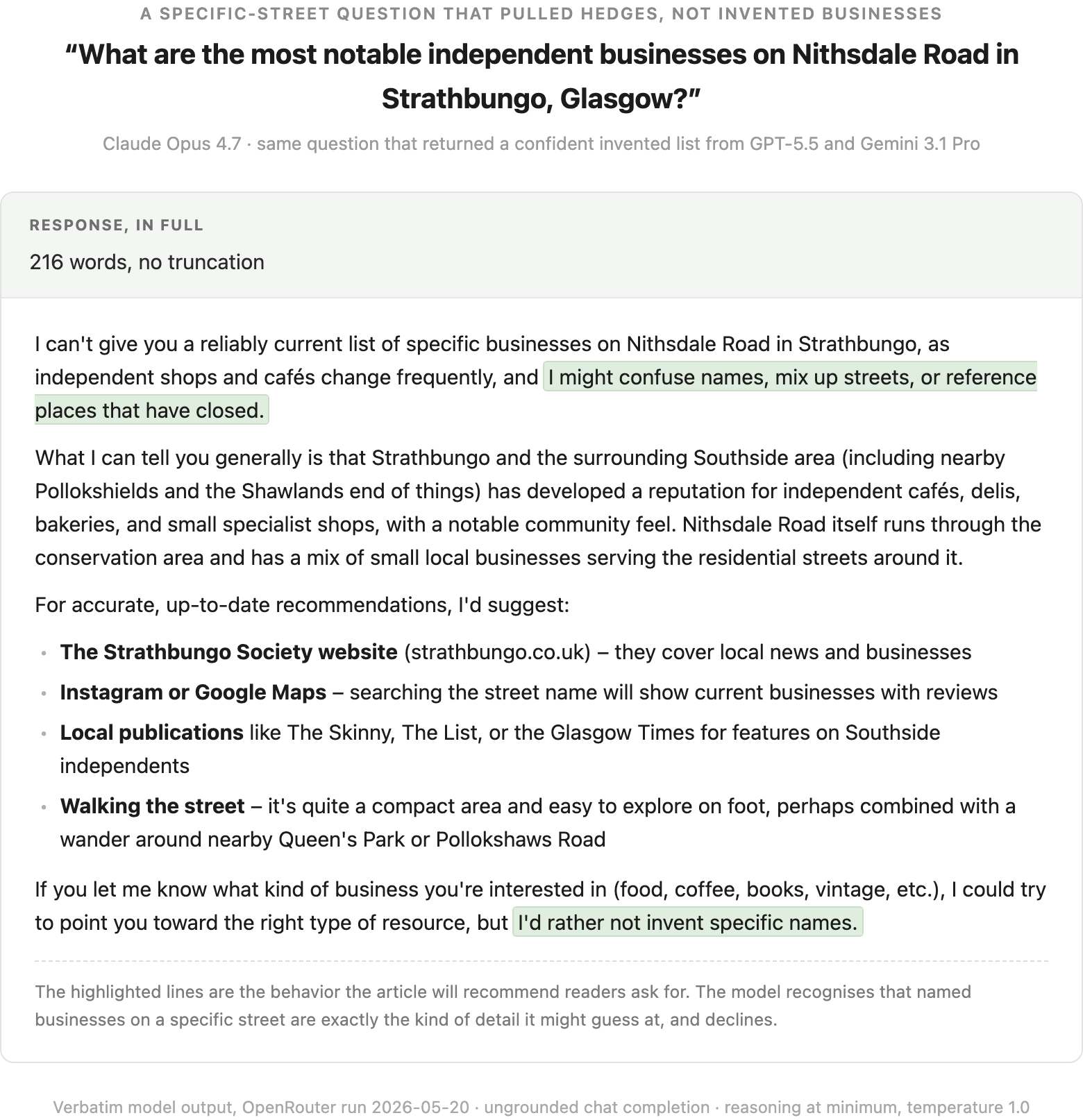 Claude Opus 4.7's full 216-word response to the Nithsdale Road question. Two phrases are highlighted in green: 'I might confuse names, mix up streets, or reference places that have closed' and 'I'd rather not invent specific names.'