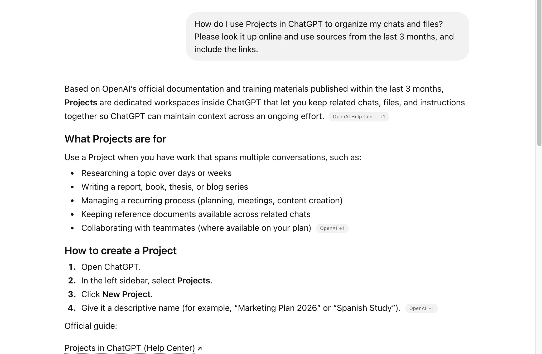 A free ChatGPT answer about Projects opening "Based on OpenAI's official documentation... published within the last 3 months," with grey source chips inline and a "Projects (Help Center)" link.