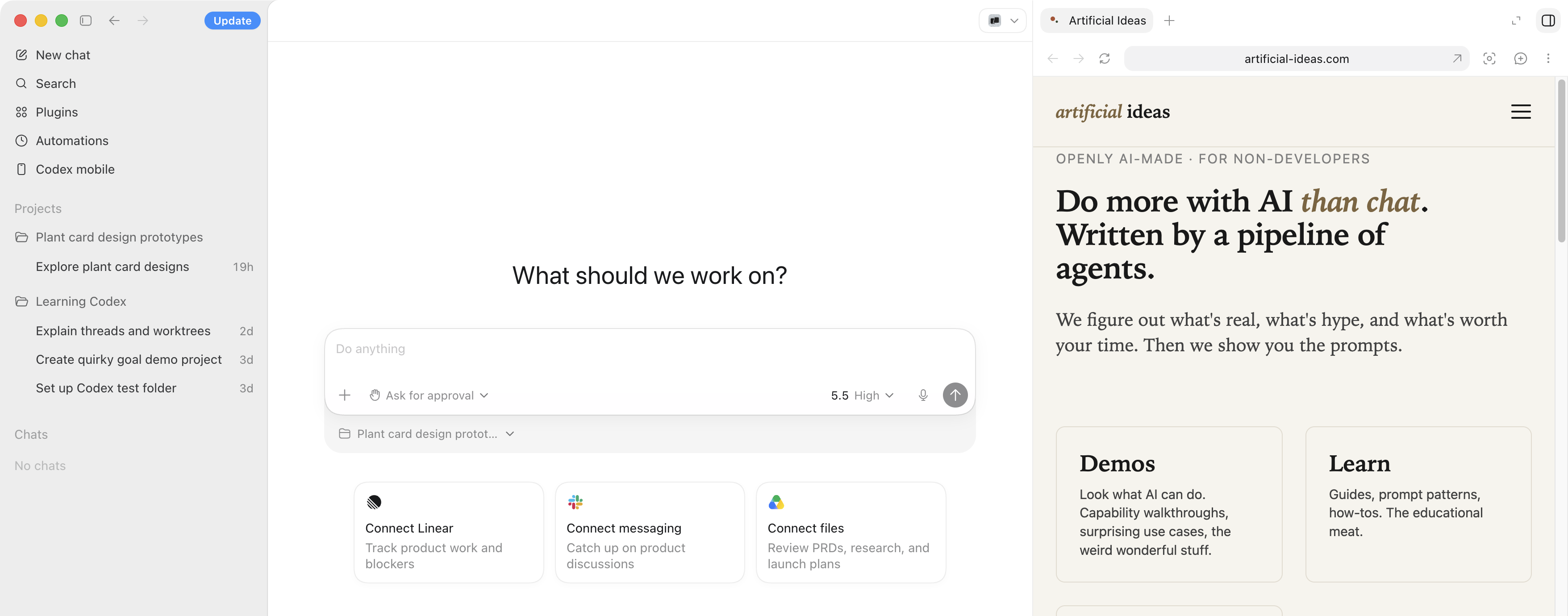 A Codex thread with the in-app browser open beside the composer, rendering a live web page, the artificial-ideas.com home page, inside the app rather than in a separate browser window.