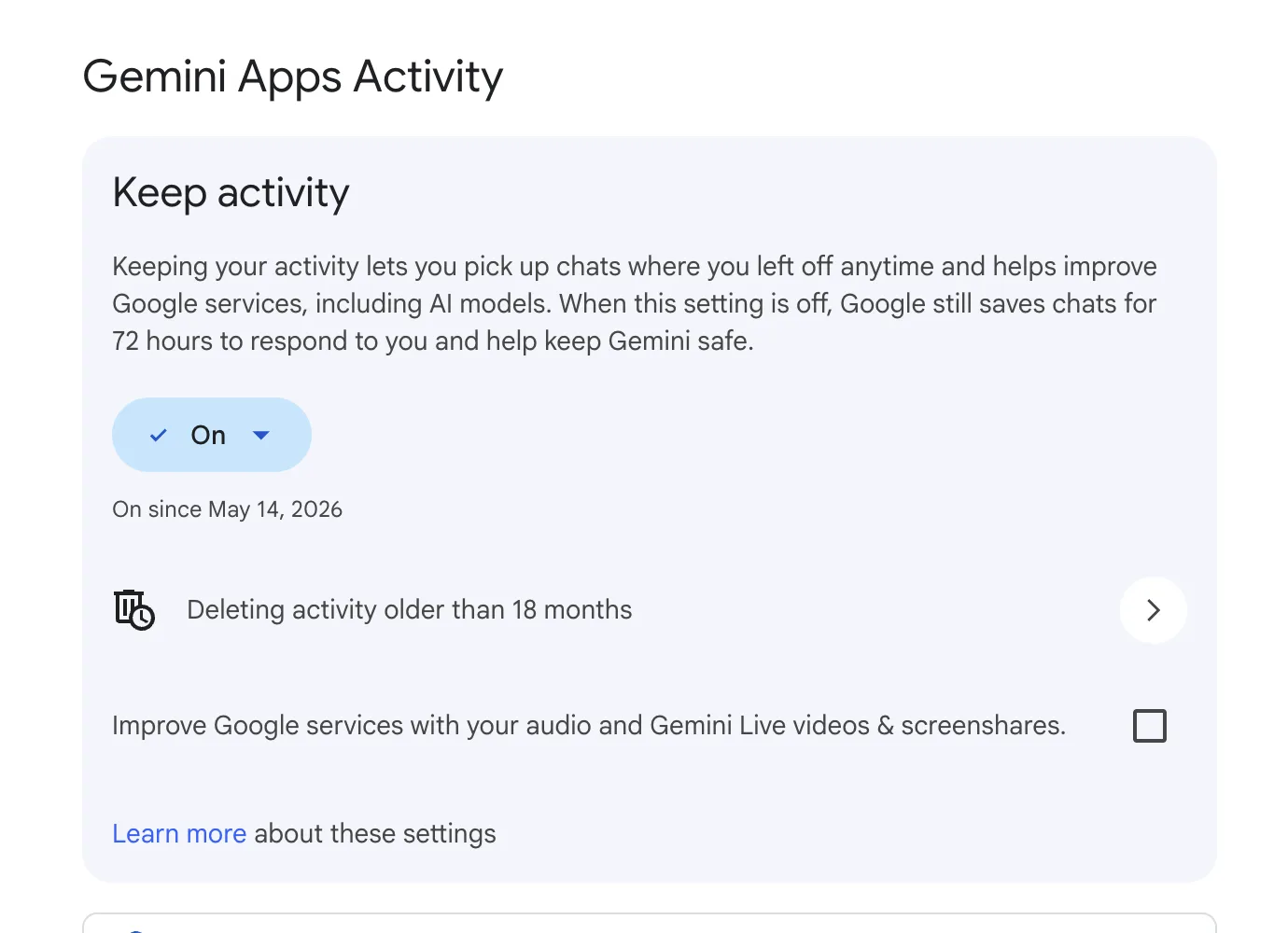 Google's Gemini Apps Activity page. The Keep Activity toggle is set to On, with auto-delete set to remove activity older than 18 months.
