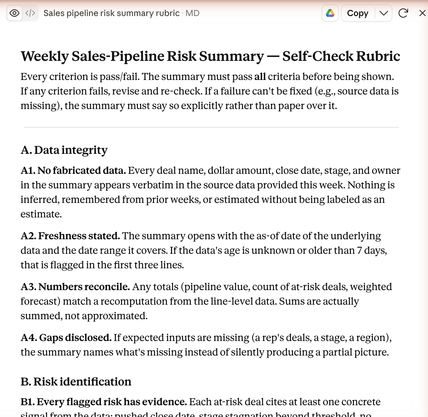 A Claude artifact titled 'Self-Check Rubric.' Section A lists A1 No fabricated data (values appear verbatim in the source data), A2 Freshness stated, A3 Numbers reconcile against line-level data, A4 Gaps disclosed.