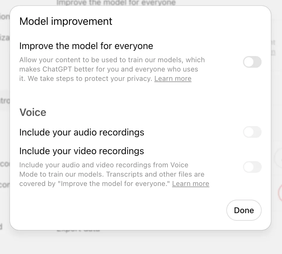 The ChatGPT Model improvement panel with the "Improve the model for everyone" toggle switched off, above the text describing how your content is used to train the models.