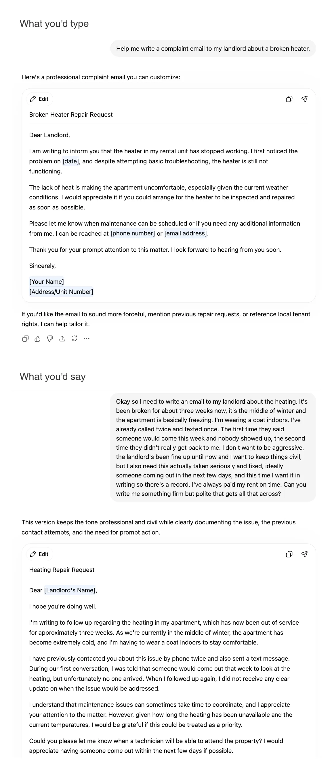 Two ChatGPT exchanges stacked. Top, labeled What you'd type: a one-line request returns a generic template full of bracketed blanks. Bottom, labeled What you'd say: a long detailed request returns a specific, near-finished email.